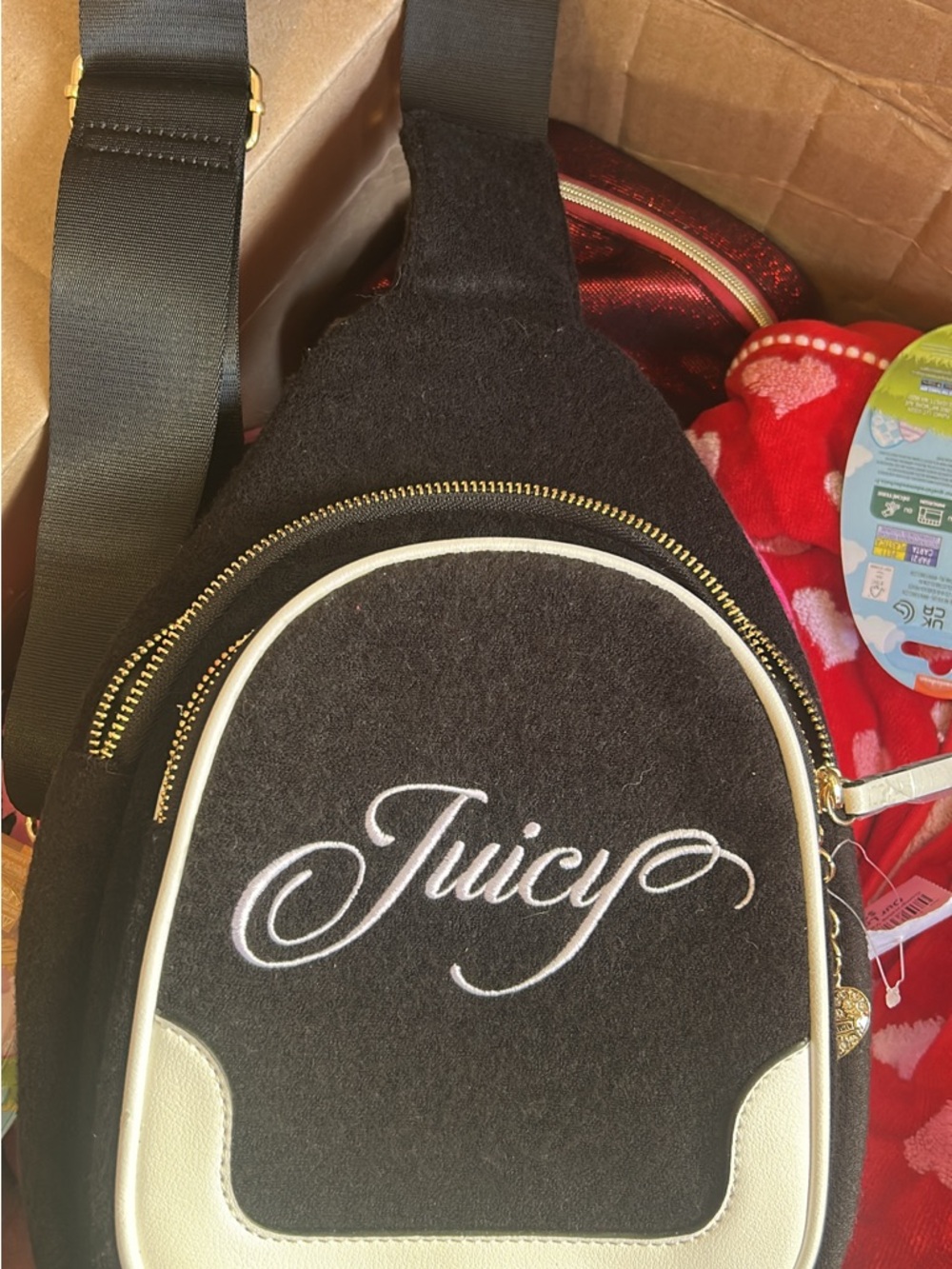 Juicy Couture Black & Cream Embroidered Crossbody Sling